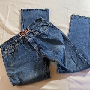 Levi’s 527 34x32 low boot cut jeans distressed pockets whiskering